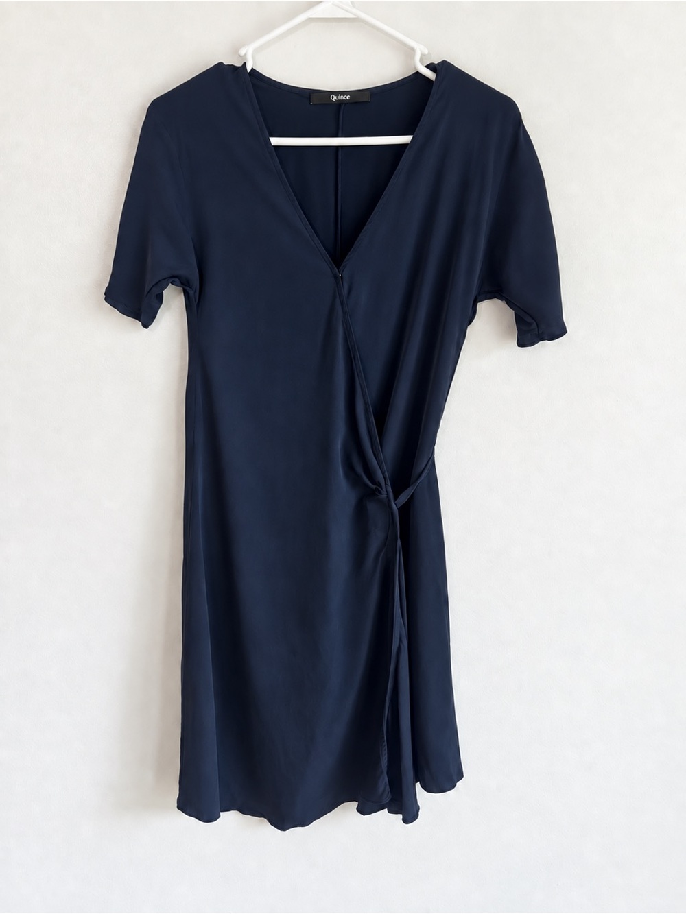Quince Washable Stretch Silk Wrap Dress in navy, size small